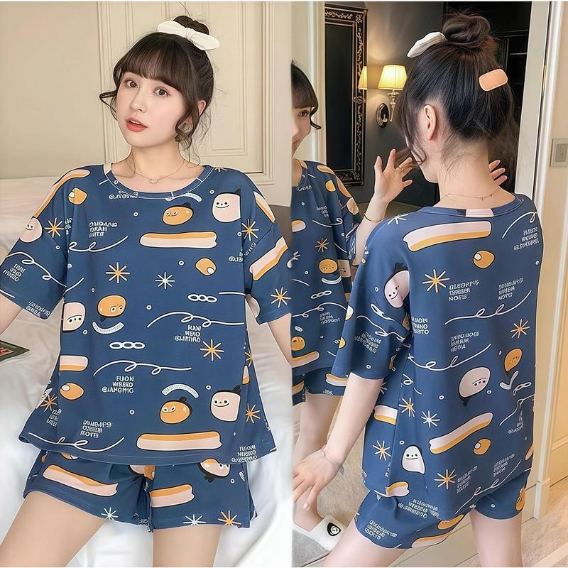 Bộ Đồ Ngủ Hoạt Hình, Dễ Thương, Dành Cho Nữ, Chất Liệu Cotton Mỏng, Áo Sơ Mi Ngắn Tay, Quần Đùi, Đồ Ngủ Thường Ngày Dáng Rộng, Quần, Màu Trơn Đơn Giản, Thích Hợp Cho Các Cặp Đôi, Bộ Quần Áo Mặc Nhà, 2 Chiếc 3