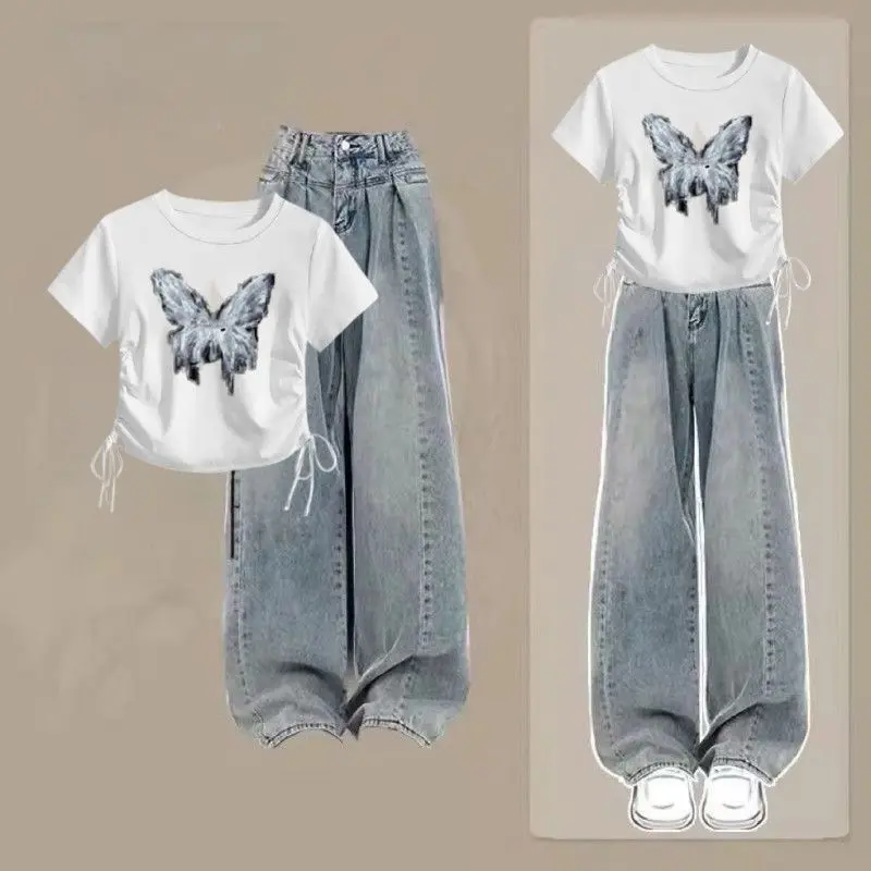 Girls Suit Summer Sweet Cool Big Children Korean Style Drawstring Short Sleeve T-shirt High Waist American Retro Jeans Two-Piece Set