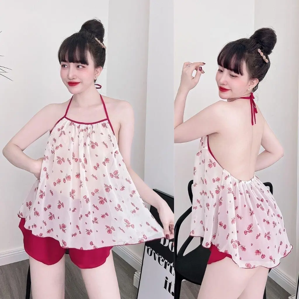 Size 40Kg-90Kg Bộ Ngủ Nữ Áo Voan Họa Tiết Mỏng Nhẹ Không Mút Quần Satin Trơn Mềm Mướt Mát, Quần Áo Ngủ