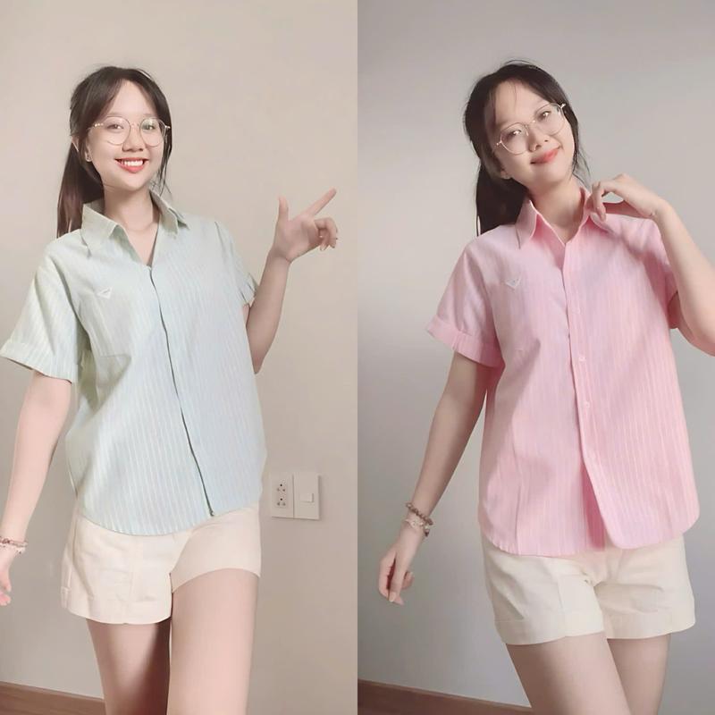 Áo Sơ Mi Nữ Tay Ngắn Kẻ Sọc 1 Túi Xinh Xắn, Sơ Mi Công Sở Chất Liệu Cotton Đũi Xược Mềm Nhẹ Mát | TIQI CLOTHING top