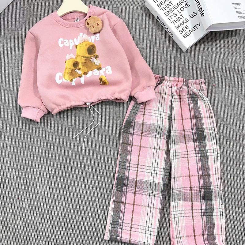 14-26kg Áo NỈ BÔNG XỊN DÀY quần kẻ dạ cho bé gái 2 CON CAPYBARA