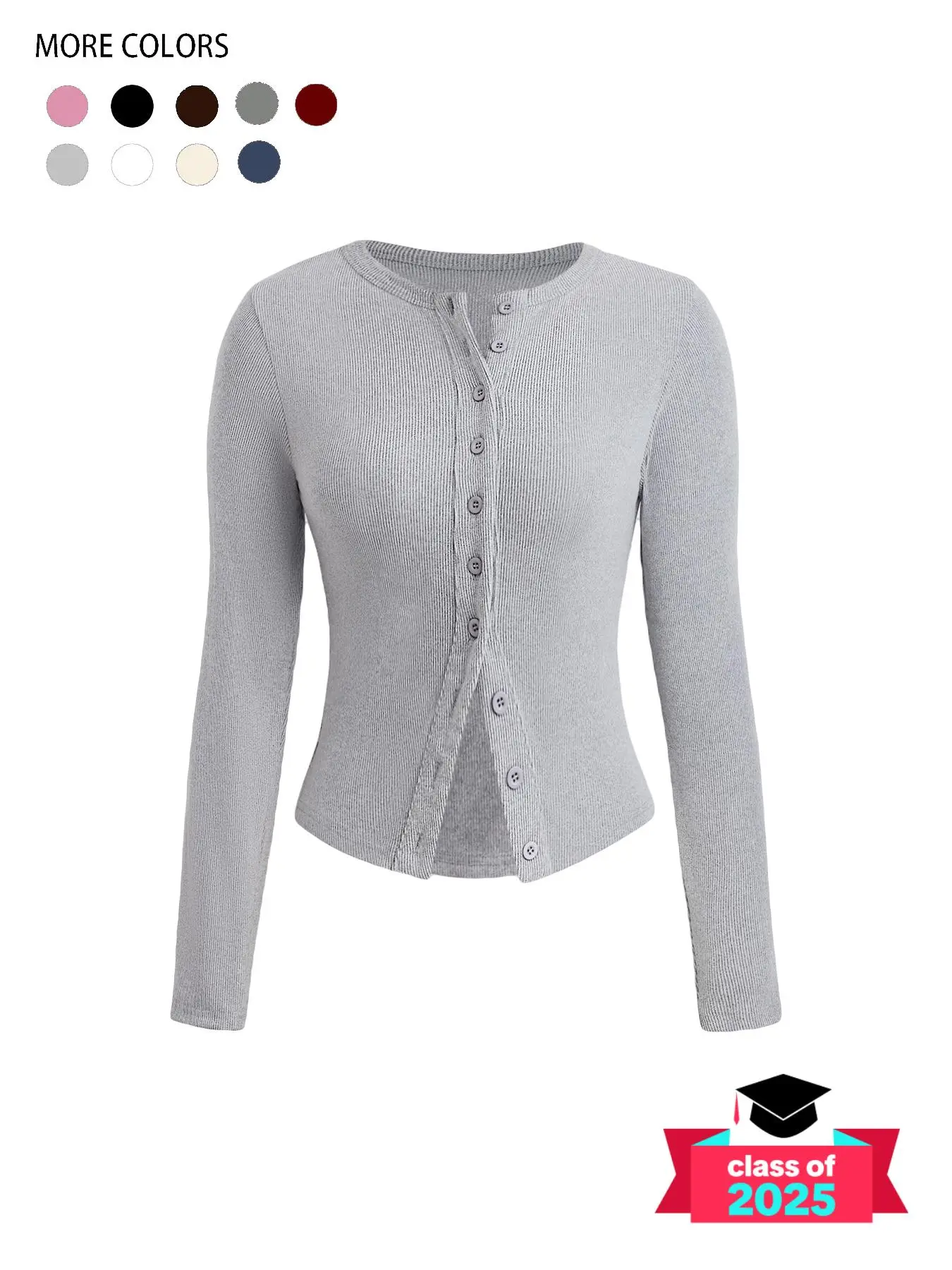 Women's Plain Button Front Ribbed Tee, Casual Long Sleeve Round Neck T-shirt for Spring & Fall, Women's Top for Daily Wear, Sassyandclassyclothing, Going Out Tops