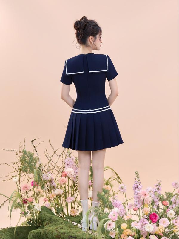 ZAMYSHOP - Váy TK cổ thủy thủ chân xếp ly nữ tiểu thư thanh lịch đi làm, đi chơi, dạo phố dáng xinh 3