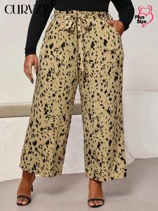 CURVZY Plus Size All Over Leopard Print Belted Paper Bag Waist Wide Leg Pants, Casual High Waist Trousers for Daily Wear, Women's Bottoms for All Seasons