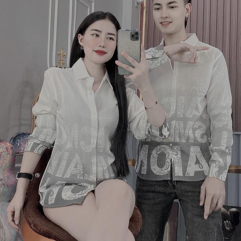 Áo Sơ Mi Dài Tay Màu Loang In Chữ Áo Đôi Đẹp. Nữ Top Áo Dài Đen Trắng Shirt Menswear