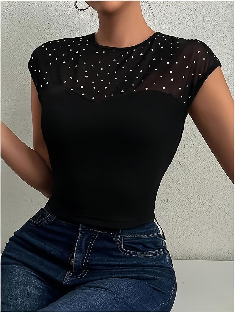 Product Introduction of Women's Contrast Sequins Sheer Top, Elegant Fashion Casual Crew Neck Top for Daily Outdoor Wear, Women Clothing for Summer 1