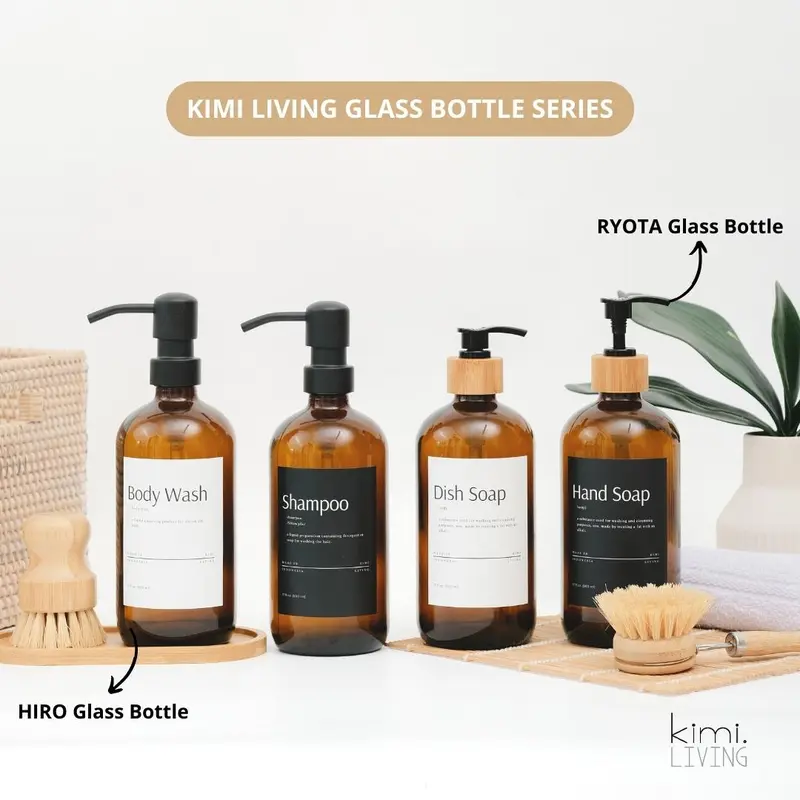 KIMI LIVING - RYOTA Botol Refill KACA Pump BAMBOO untuk Sabun Shampoo Conditioner Hand Sanitizer / Refillable Bottle Amber Tutup Bambu Dekorasi Rumah Minimalis Estetik Putih 3