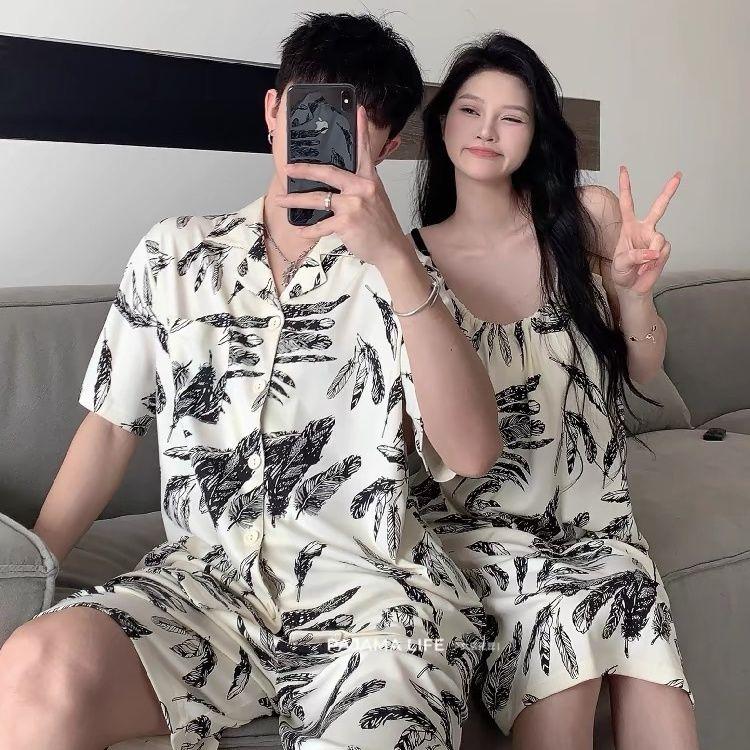Đồ Ngủ Cặp Đôi, Đệm Ngực Thoáng Khí, Váy Ngủ Có Dây Đeo Mùa Hè, Dành Cho Phụ Nữ Và Nam Giới, Mỏng Và Ngầu, ngắn Tay, Đồ Mặc Nhà, Bộ Nam 4