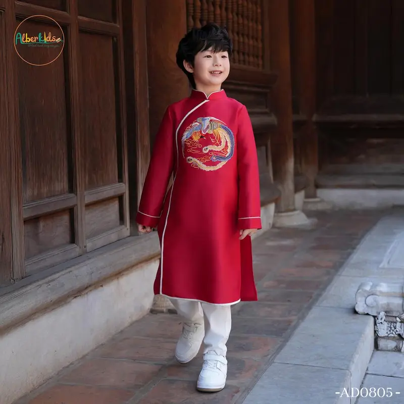 Áo dài bé trai ALBERKIDS Xanh Đỏ Thêu Phượng cho trẻ em 2,3,4,5,6,7,8,9,10,11,12 tuổi AD0805 4