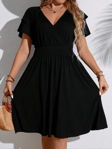 【 Talla grande 】 Vestido con cuello en V de color sólido, Vestido informal de moda para invitados de boda, Ropa de mujer para el verano