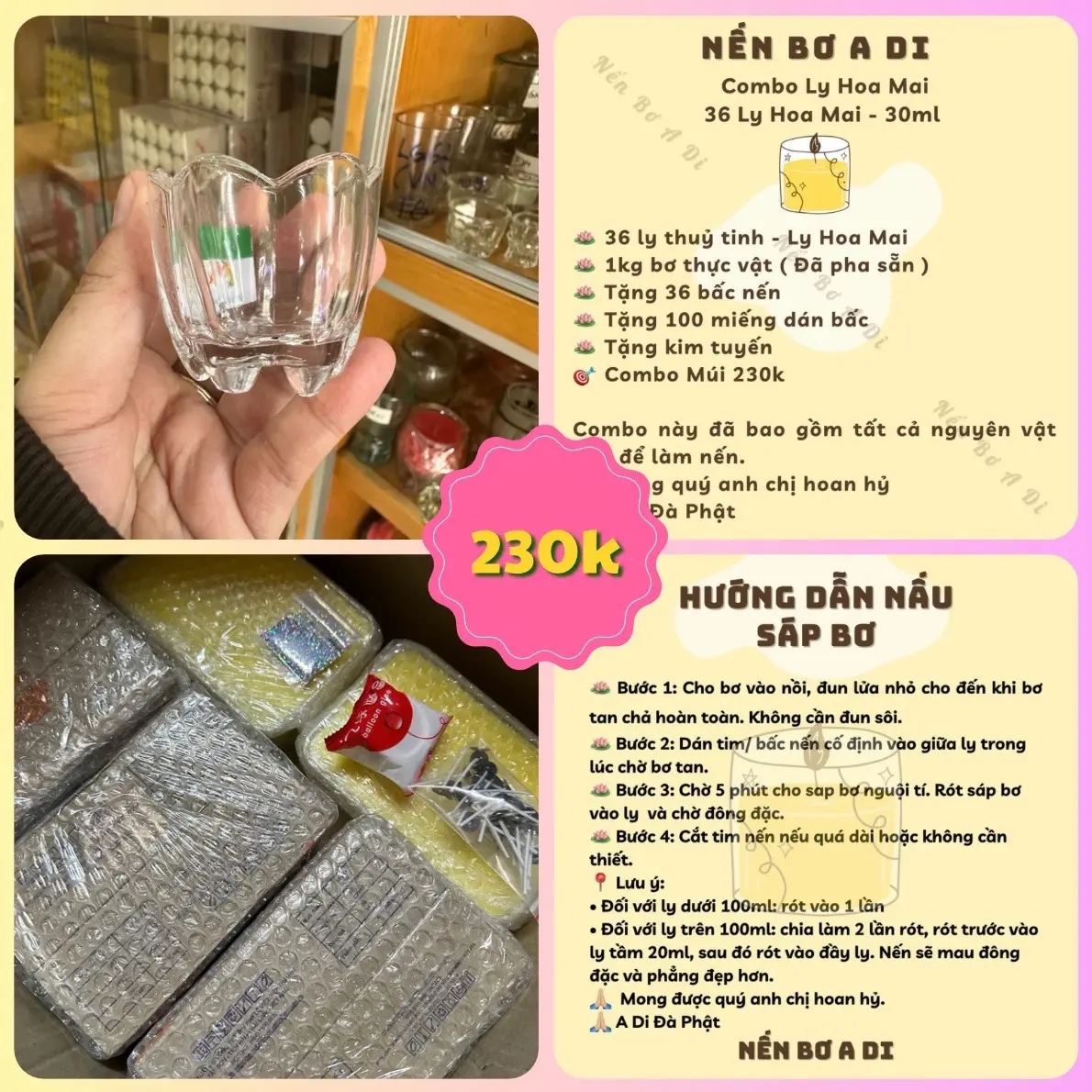 Combo 36 Ly Làm Nến Nến Bơ- Ly Hoa Mai ( Đầy đủ nguyên vật liệu làm nến bơ  )