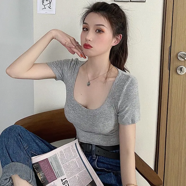 Áo thun cổ vuông tròn tay ngắn, Áo thun cổ u dáng ôm tay cộc thời trang nữ phong cách basic Top Women