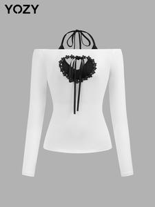 YOZY Women's 2 in 1 Cut Out Halter Neck Tee, Casual Long Sleeve T-shirt for Daily Wear, Ladies Clothes for All Seasons, Top