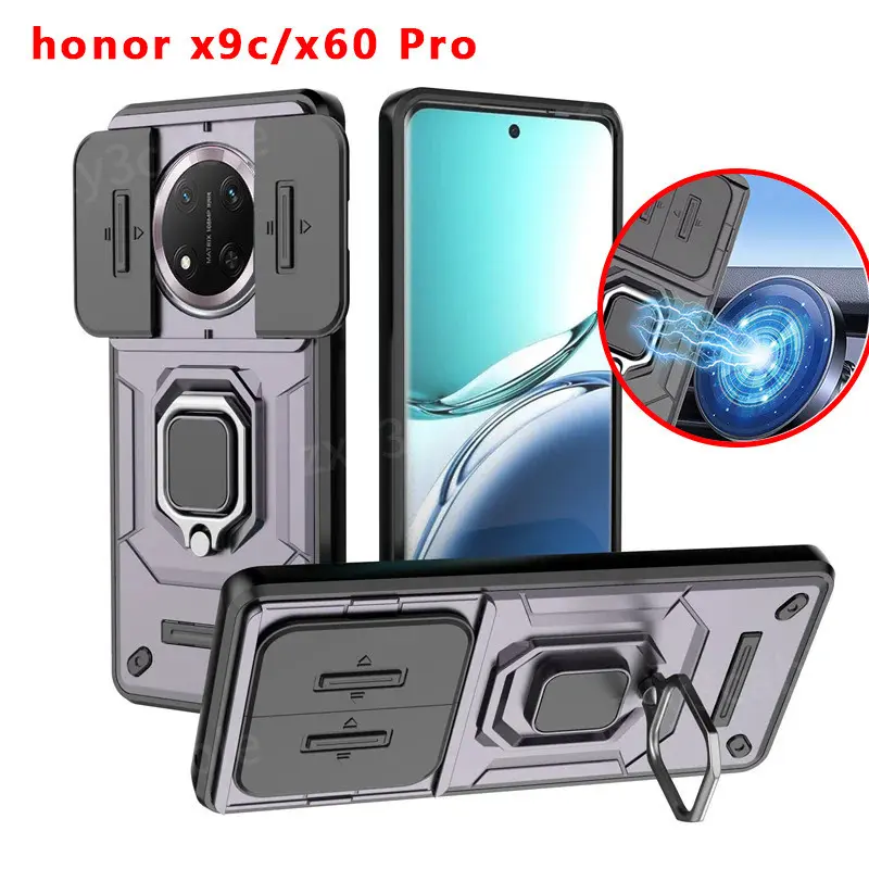 Shockproof Armor Hard Casing For Honor X9C X60 Pro X60Pro X9B X9A 5G 2024 Phone Case Slide Camera Lens Protection Ring Stand Cover For HonorX9C X 9C HonorX60Pro X 9B X 9 Back Cases