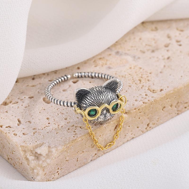 925 Sterling Silver Doctor Cat Ring with 18K Gold Plated Glasses8