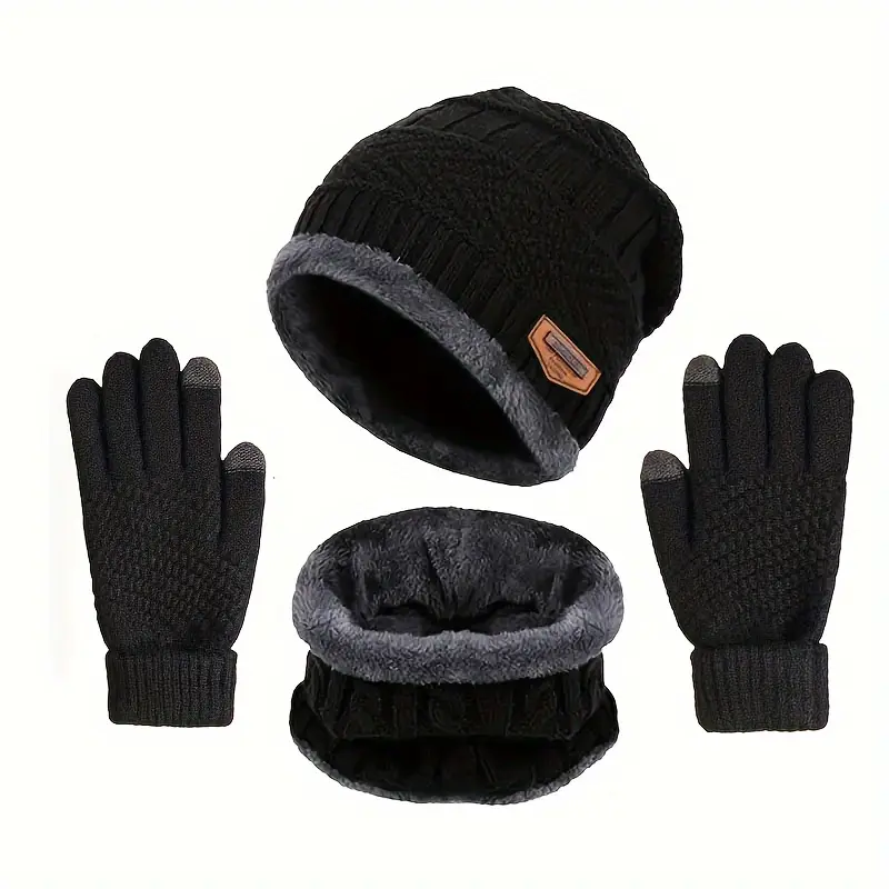 3 Pcs Cuff Knit Hat & Neck Warmer & Gloves Set, Letter Patched Thermal Hat And Fleece Neck Warmer Scarf And Winter Full Finger Gloves For Women & Men