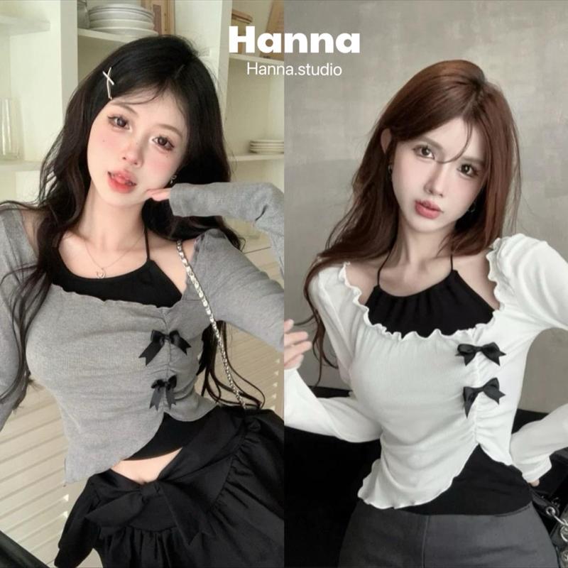 Áo cổ yếm nữ tay dài trễ vai phối nơ vạt chéo cực xinh áo kiểu nữ ôm body tôn dáng C151 set áo tách rời tiện lợi