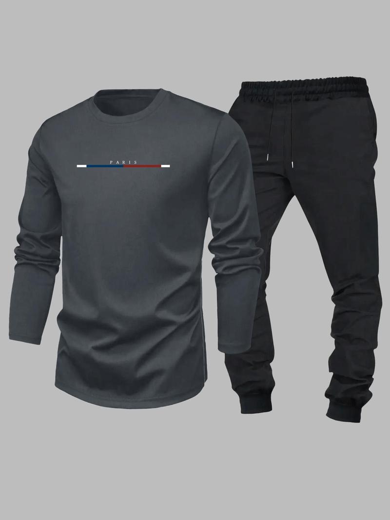 Product Introduction of Men's Letter Print Sweatshirt & Drawstring Waist Sweatpants Two-piece Set, Casual Round Neck Long Sleeve Pullover & Pocket Jogger Pants for Spring & Fall, Men's Clothes for Daily Wear 5