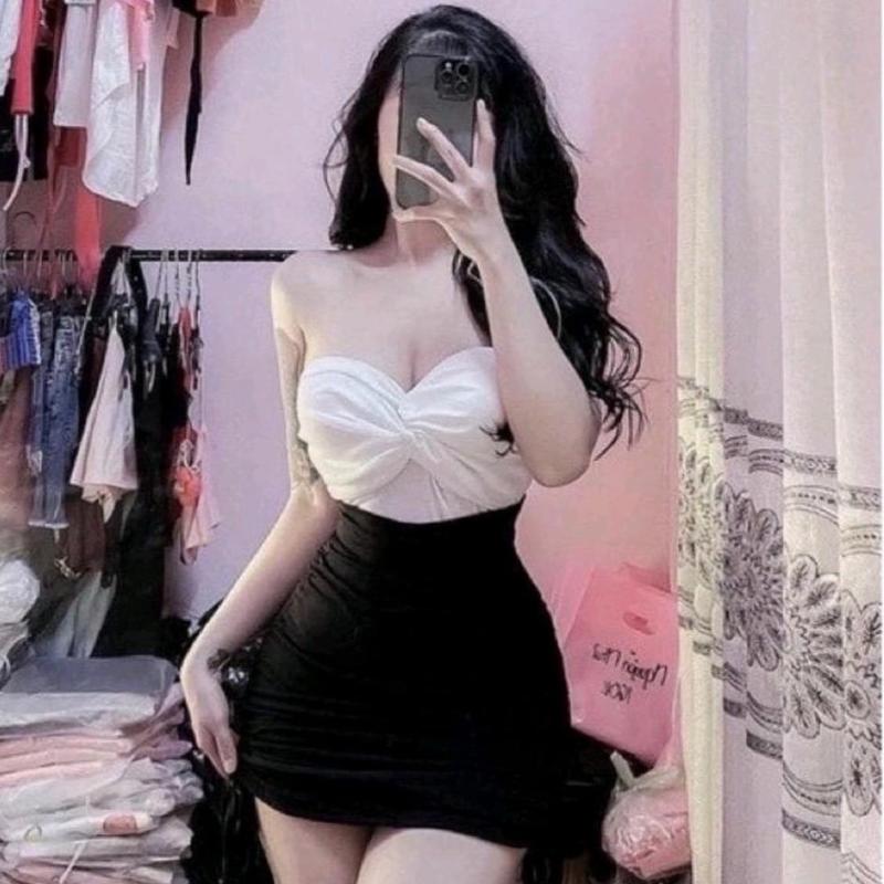 Sét bộ nữ áo ống xoắn nơ kèm chân váy rút dây có quần bảo hộ cá tính đi chơi đu biển mã hp79