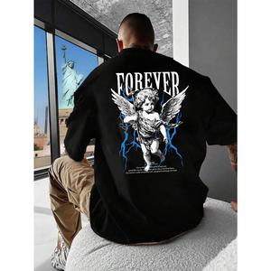 Manfinity EMRG Camiseta de manga corta con cuello redondo y diseño de patrón de ángel para hombres, para salir, para amigos