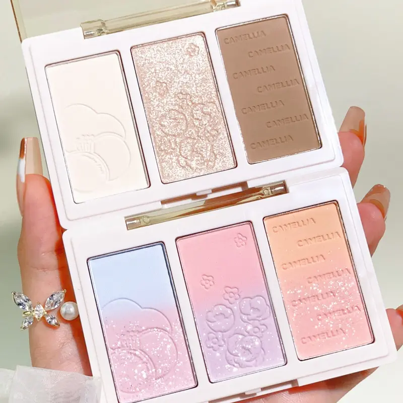 Cherry Blossom 3 Colours Palette Pearlescent Fine Shimmer Highlighter Blush Blue Blush Purple Highlighter Finish All-in-One Palette Makeup Radiant Compact Flawless Cosmetic