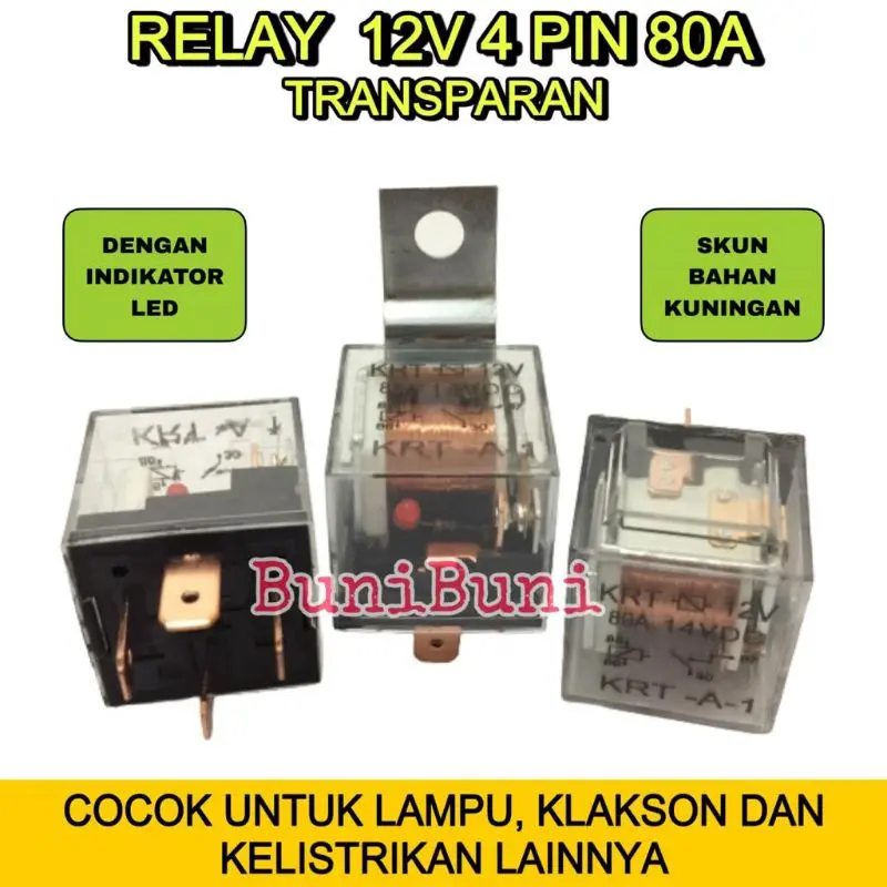 RELAY Transparan Bening 12V Kaki 4 Pin 80A Untuk Rilay Lampu Klakson Dan Alarm Mobil Motor - 12V 4 KAKI