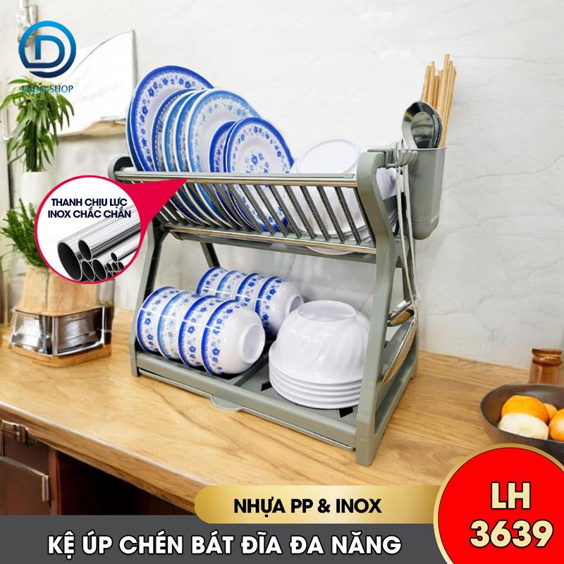 Kệ úp chén, kệ bát đĩa kitchen có ống đũa và móc treo LH-3639 thanh chịu lực bằng INOX