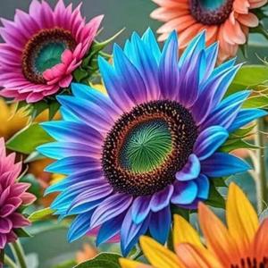 200 Semillas de Girasol Bicolor 'Azul Real Y Corazón Púrpura' Fácil de Cultivar Pétalos con Bordes Azules Centro Morado Vibrante Decoración de Jardín
