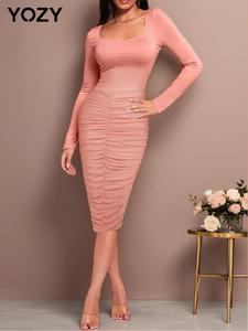 YOZY Women's Plain Ruched Square Neck Bodycon Dress, Elegant Long Sleeve Midi Dress for Party Dating Wear, Ladies Clothes for All Seasons