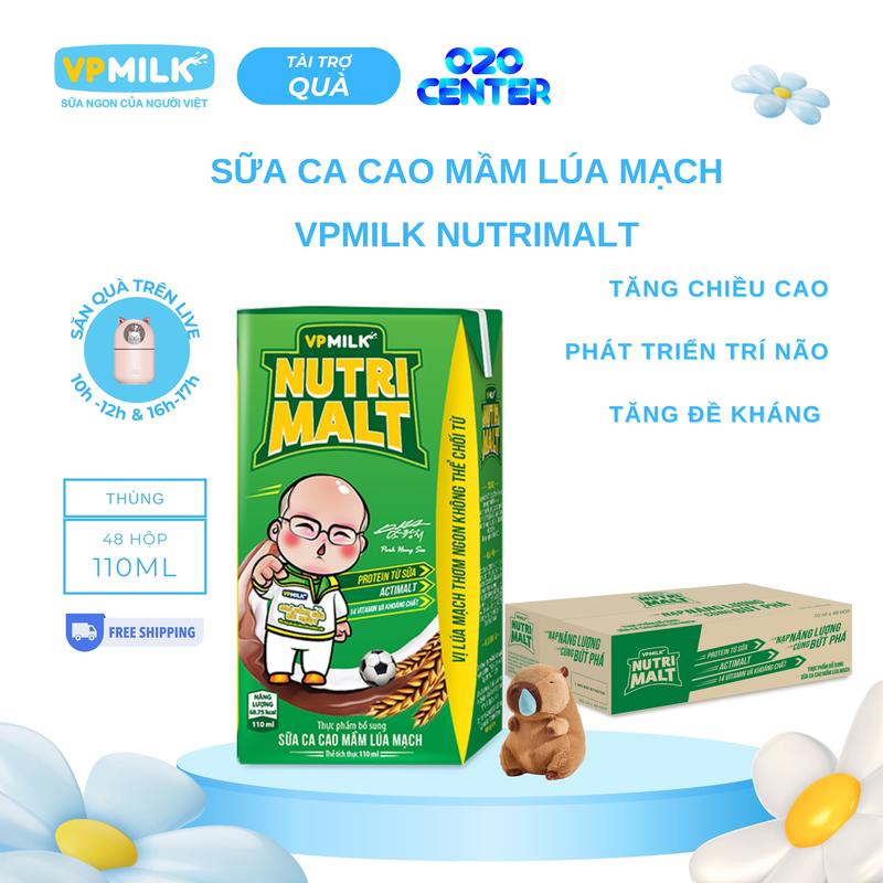[Thùng 48 Hộp 110ml] Sữa Uống Dinh Dưỡng Ca Cao Mầm Lúa Mạch Đen VPMilk Nutrimalt Vị Cacao, Sữa bổ sung năng lượng cho bé hoạt động bền bỉ MS1