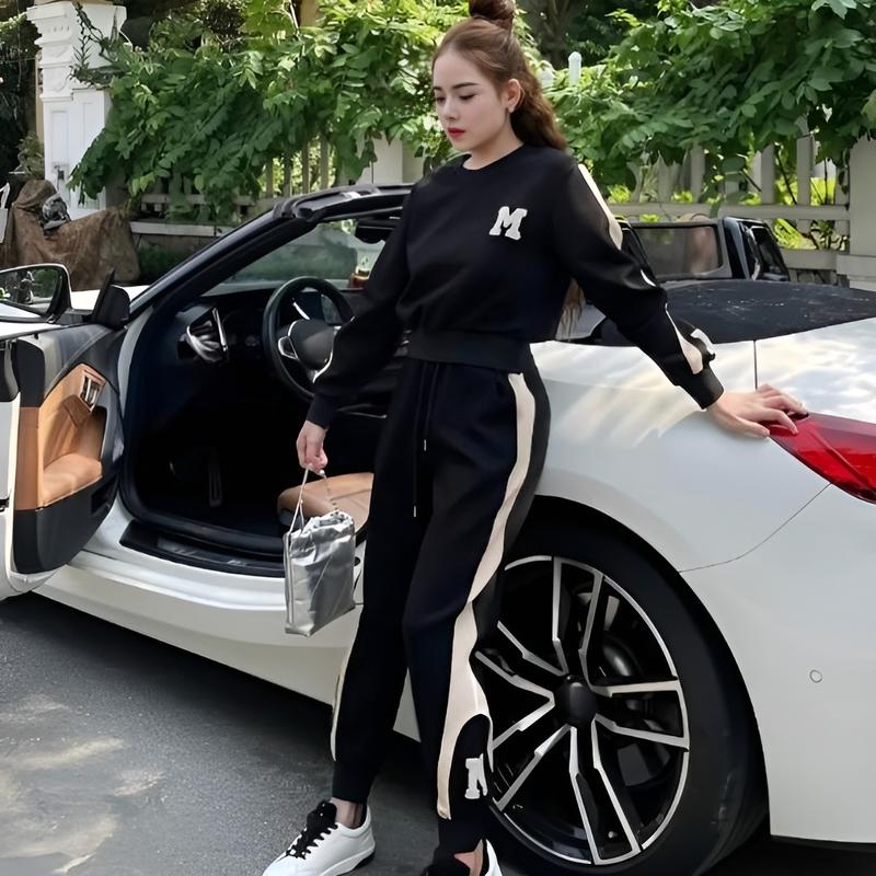 Set Bộ Chữ M Nỉ Da Cá Hình In Nổi Cho Nữ Dài Tay Chất Nỉ Bền Đẹp - Set Bộ Thu Đông Nữ Sang Chảnh Siêu Ấm Chữ M Áo Top Women Đen