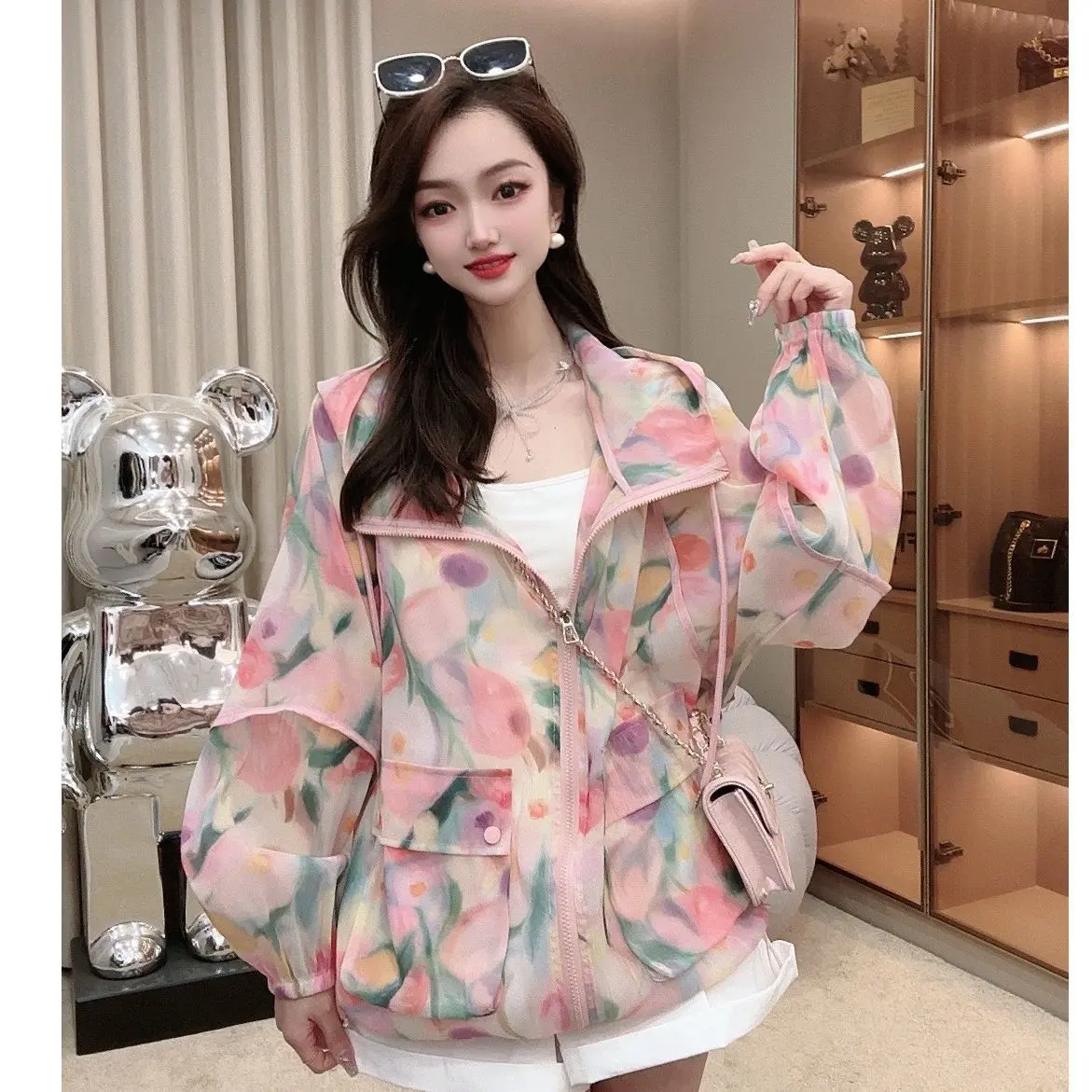 Áo Khoác In Hình, Thời Trang Nữ, Thoáng Khí, Nhẹ, Chống Nắng, Áo Khoác Rộng Thùng Thình