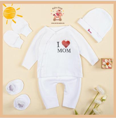 Set Quần áo sơ sinh dài tay kèm mũ bao tay chân 0-3 tháng, Quần áo cho bé sơ sinh in hình Mom Dad