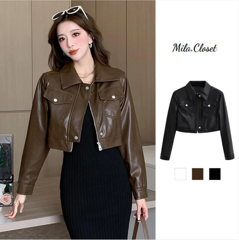 Áo Da Croptop Nữ Chất Da Pu Hàng 2 Lớp , Có Khóa Phong Cách Hàn Quốc - Wonem áo  khoác