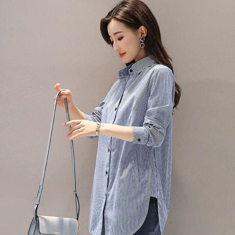 Áo Sơ Mi Phong Cách Phương Tây Dài Trung Bình Có Thể Mặc Ngoài Trời, Hàng Mới Về Mùa Thu, Dành Cho Nữ, Sọc, Dài Tay, Dáng Rộng Rãi Và Thường Ngày, Đơn Giản Và Dễ Phối Đồ Mỏng Vừa Vặn, Áo Nữ Top Women Shirt Voan 5