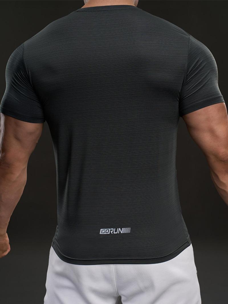 Product Introduction of Men's Letter Print Round Neck Sports Tee, Regular Fit Quick Drying Breathable Crew Neck T-Shirt for Gym Workout Running, Casual Sporty Top for All Seasons 4