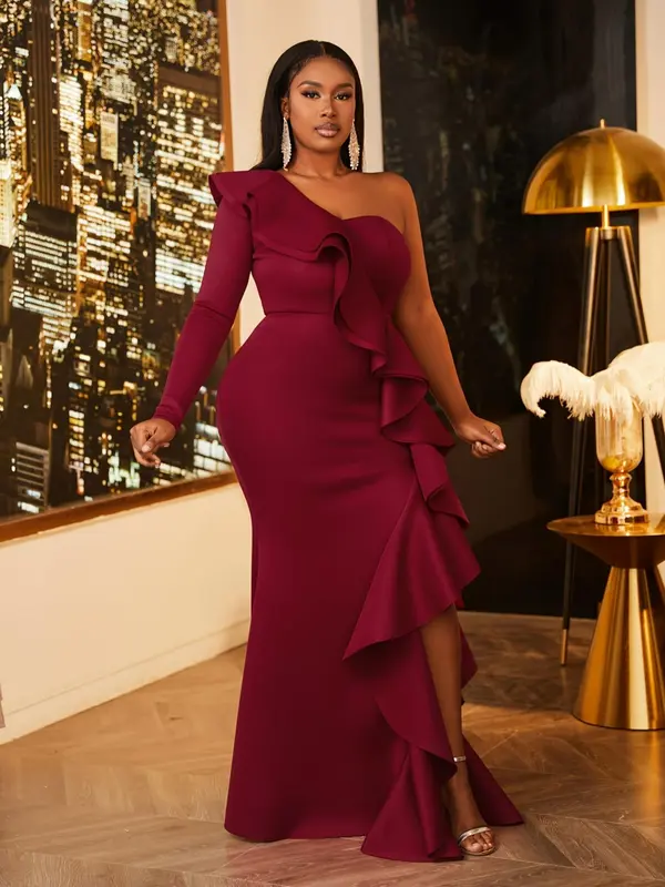Women's Plain Ruffle Trim One Shoulder Split Thigh Maxi Evening Dress, Elegant Long Sleeve Zipper Mermaid Dress for Party & Banquet, Ladies' Clothes for All Seasons 2