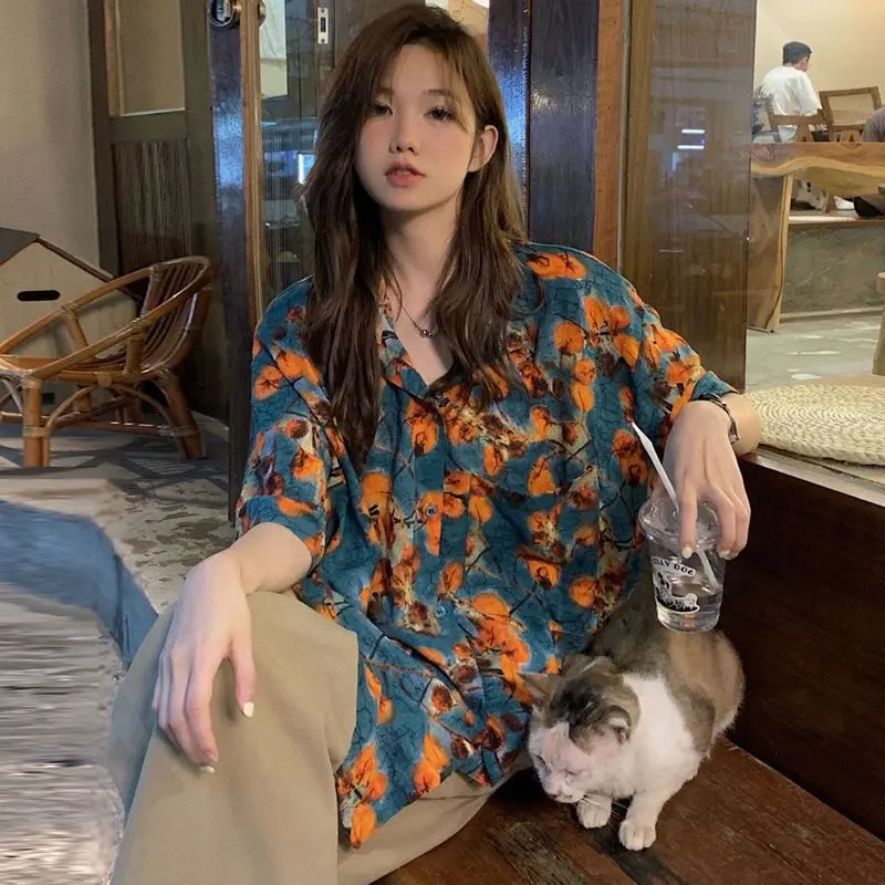Hawaiian Retro Floral Shirt Top Summer Chic Floral Blouse French Loose Short Sleeve Thin Shirt for Women