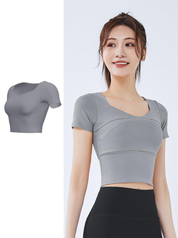 Áo thể thao yoga crop top, áo chạy bộ, quần tập gym ngắn tay, Tích hợp miếng đệm ngực cố định Sport Tập Thể Dục Nữ Tập Aerobic Áo Thun có thể giặt máy 【l】 áo thun thể thao 4