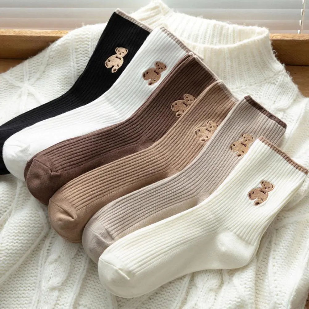 New Cute Bear Socks Women High Cotton Brown Winter Sock Fluffy Funny Lovely Kawaii Cartoon Women's Socks 1 Pair