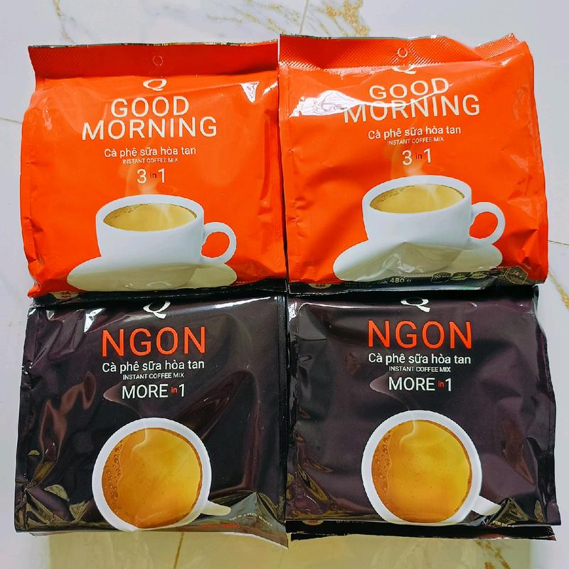   Combo 2+2  Gồm 2 bịch cà phê sữa hoà tan Trần Quang ngon  đen  và 2 bịch cà phê Good morning 3in1  cam . Mỗi bịch 24 ống x20g. Hàng mới date xa. 