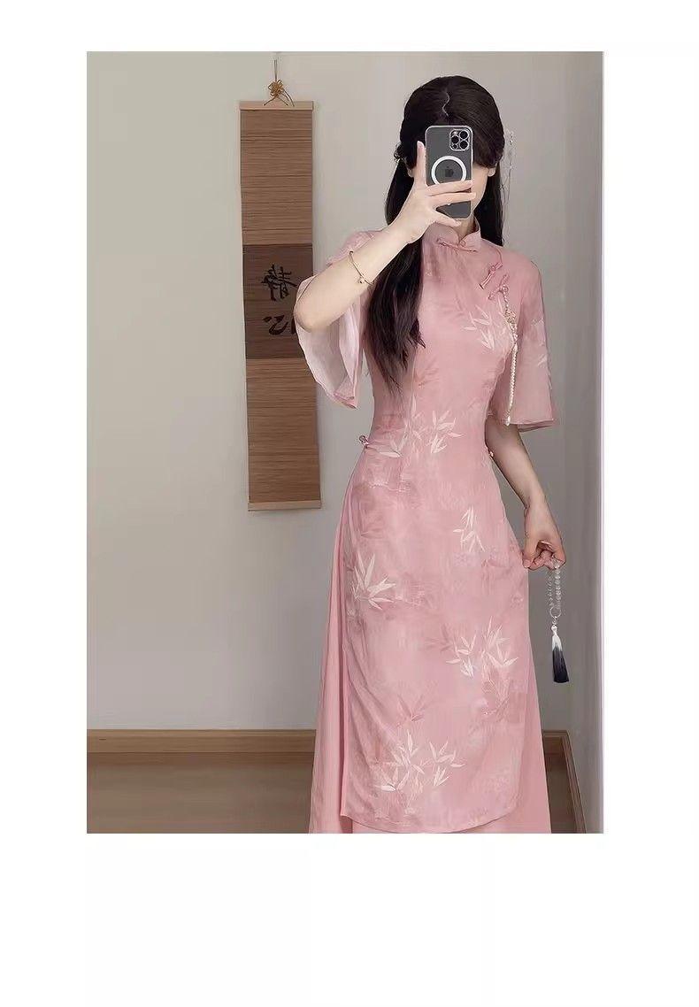 Product Introduction of Áo Dài, Sườn Xám Ao Dai Hồng, Thiết Kế Trung Quốc Mới, Cải Tiến Mới, Thích Hợp Cho Các Cô Gái Trẻ Và Dáng Ôm, Mặc Mùa Hè, Thích Hợp Cho Các Hoạt Động Hàng Ngày, Quần Áo Trà 11