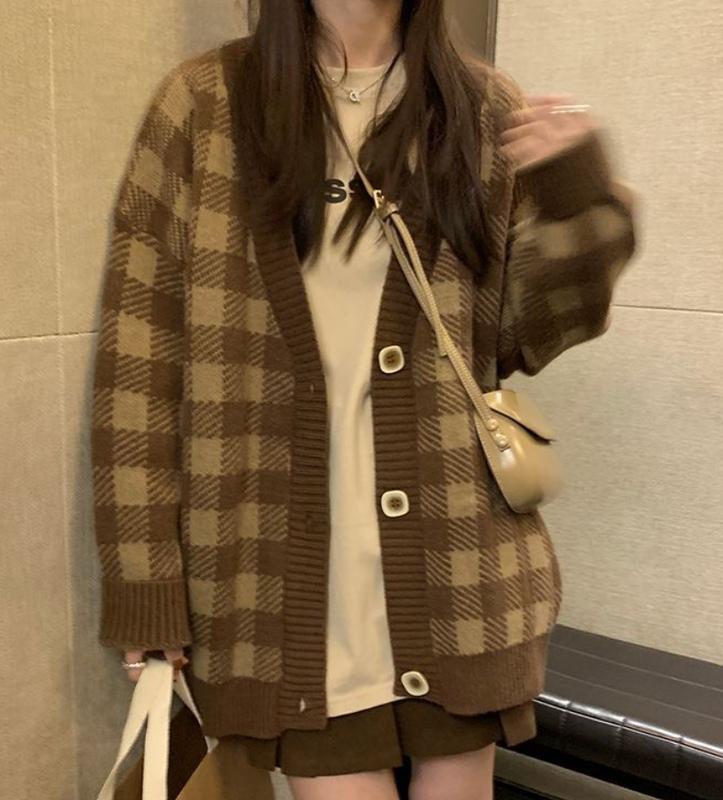 Áo khoác cardigan kẻ ô vuông Top Nữ