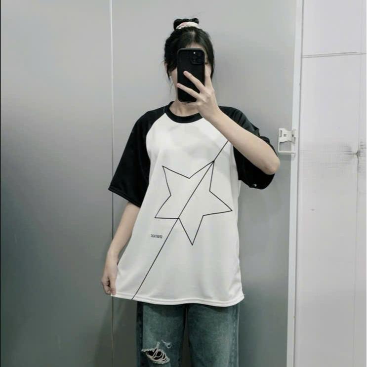 Áo Thun Tay Lỡ Raglan Phối Màu Đen Trắng Họa Tiết Ngôi Sao Chất Poly Form Rộng Nam Hottrend 2025 - Menswear (Sao Phối Tay ) 5