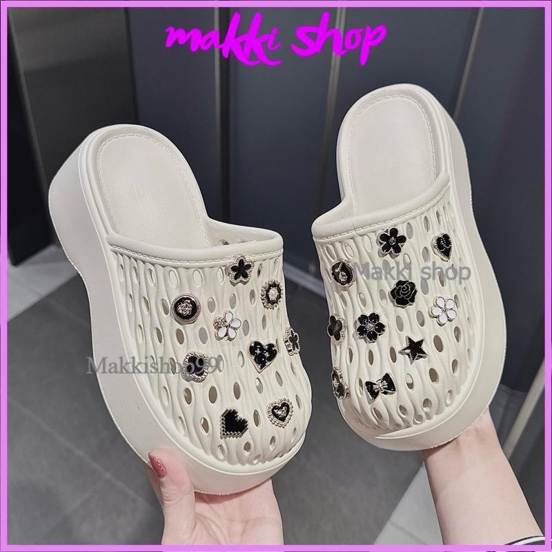   Form rộng Dép sục độn đế dẻo đế cao 7cm gắn charm đá đen chất siêu nhẹ hàng hot trend 