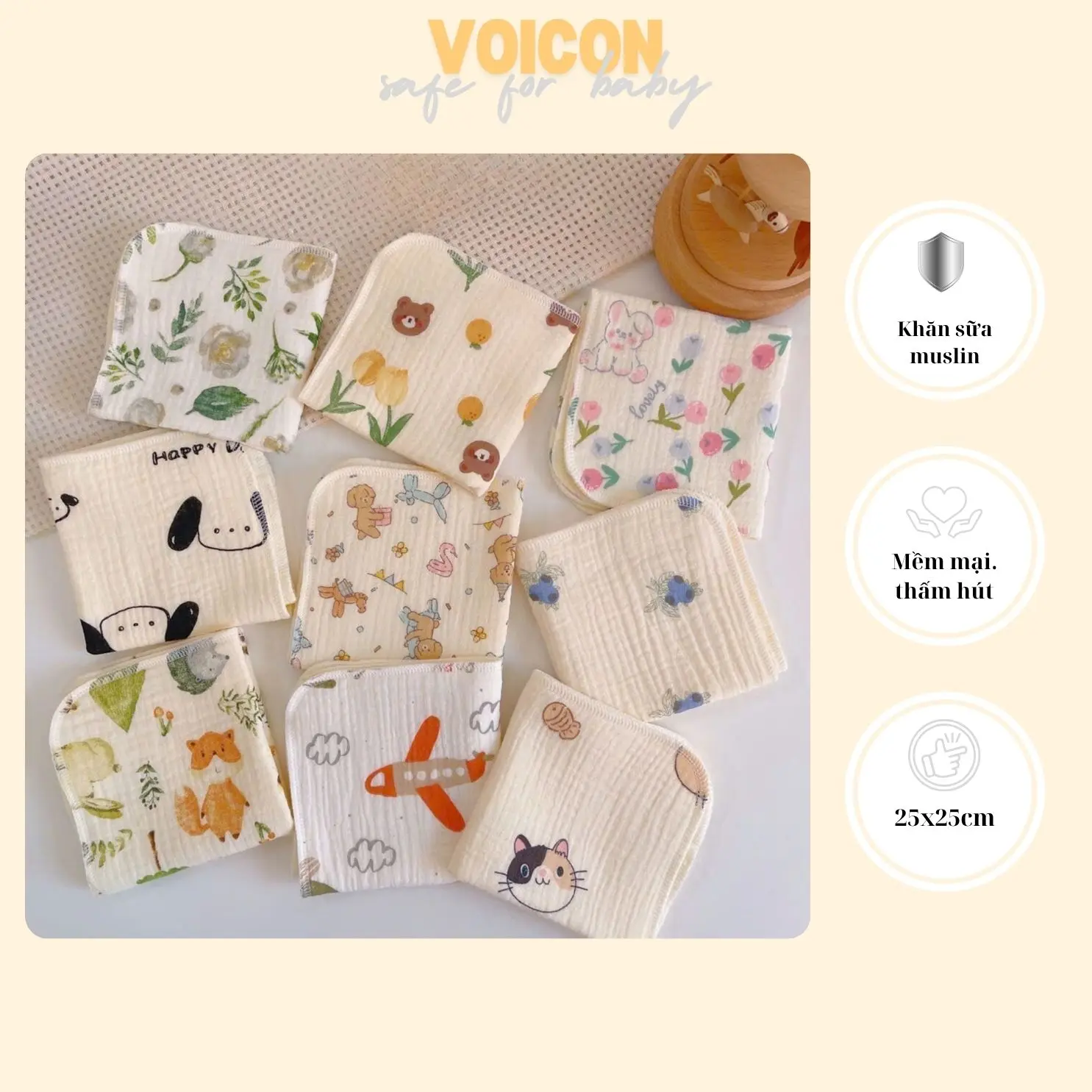 Khăn sữa Muslin 2 lớp cao cấp thấm hút tốt, mềm mại, hoạ tiết đa dạng cho bé kích thước 25x25cm