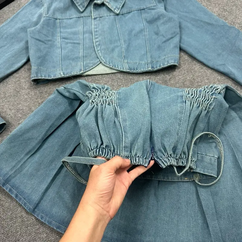 ĐẦM JEAN KÈM ÁO KHOÁC XẾP LY ÔM EO TÔN DÁN dây kéo sau lưng ,jean không co giãn 5