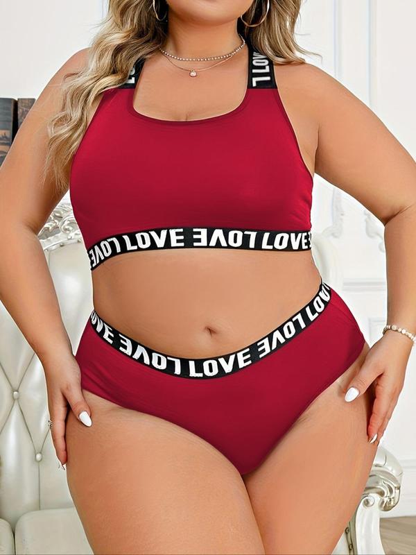 【 Plus Size】 Two-piece Set Letter Tape Criss Cross Cut Out Bra & Knicker, Casual Comfy Breathable Fashion Underwear Set for Daily Wear, Women's Underwear for All Seasons, Clothing 4