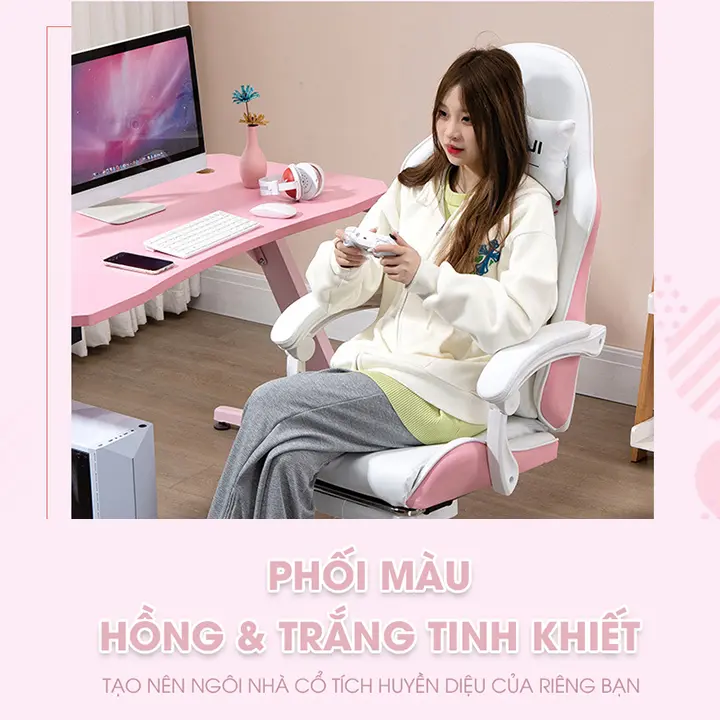 Ghế gaming nữ có loa bluetooth kết hợp dải đèn led, ghế livestream cao cấp có ngả lưng, gác chân 8