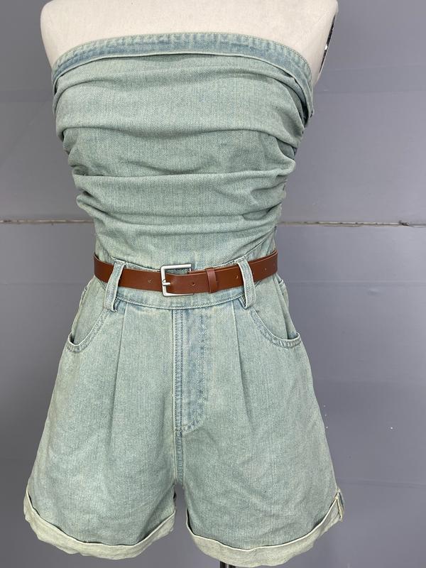 Jumpsuit Jean bò Denim cúp ngực dáng cộc chun lưng kèm đai có Bigsize cho Nữ